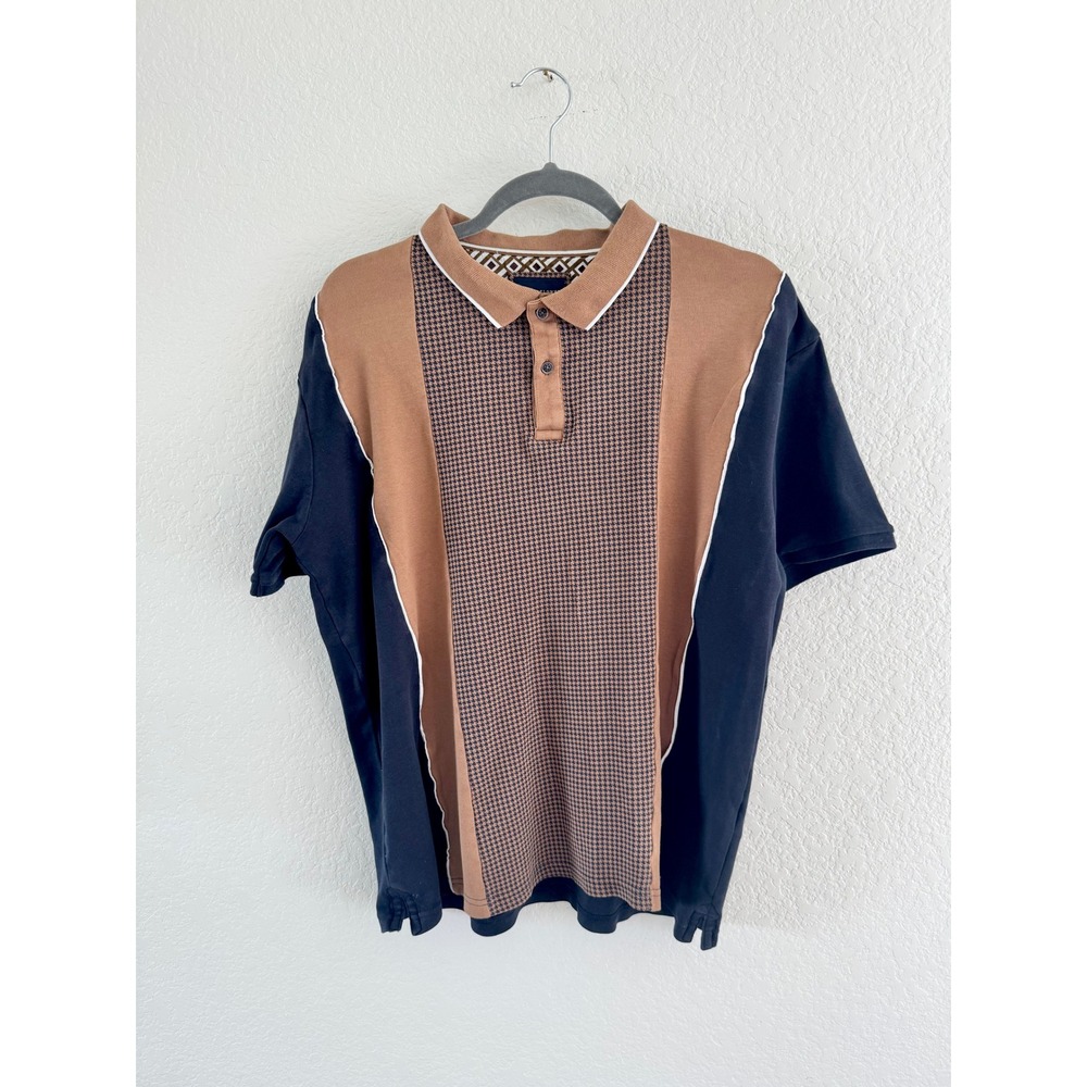 Denim & Flower Polo Shirt Mens L‎ Blue Brown Good Houndstooth Colorblock Retro